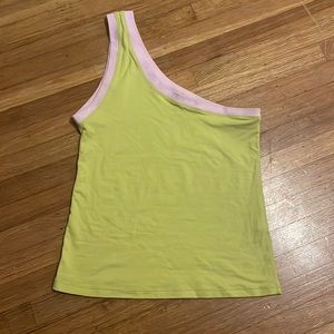 green and pink one-shoulder tank top